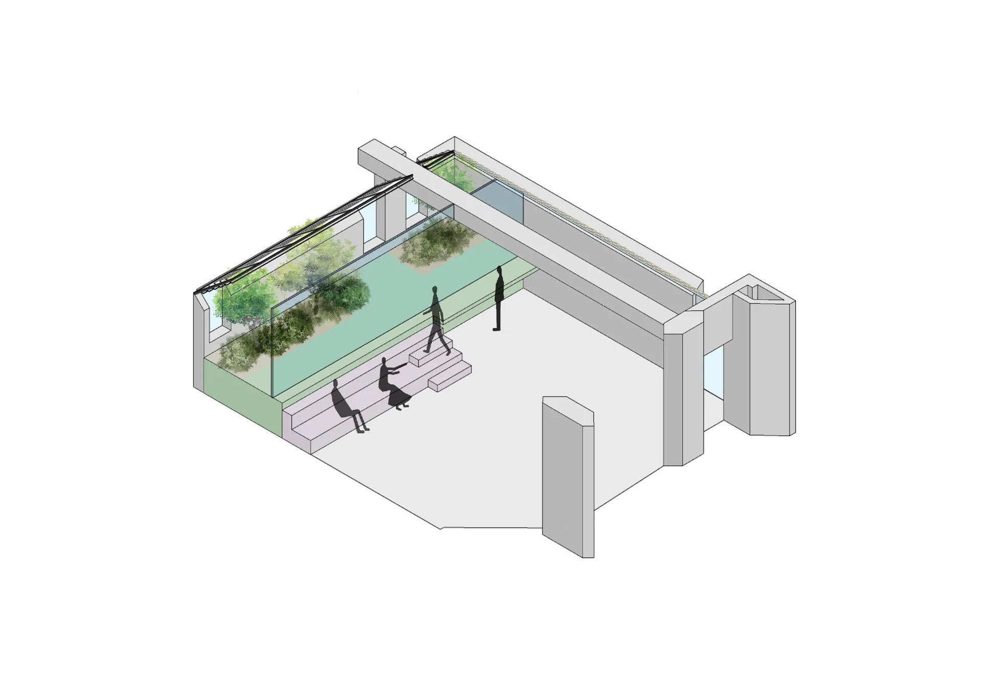 戶外空間採用現代建築元素，包含混凝土牆面與玻璃欄杆，設計為花園景觀。