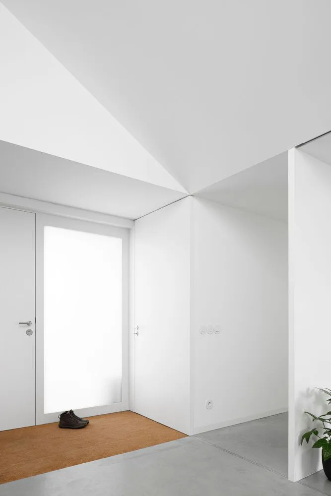 Modern minimalist interior space with white walls, a door, and a brown rug.