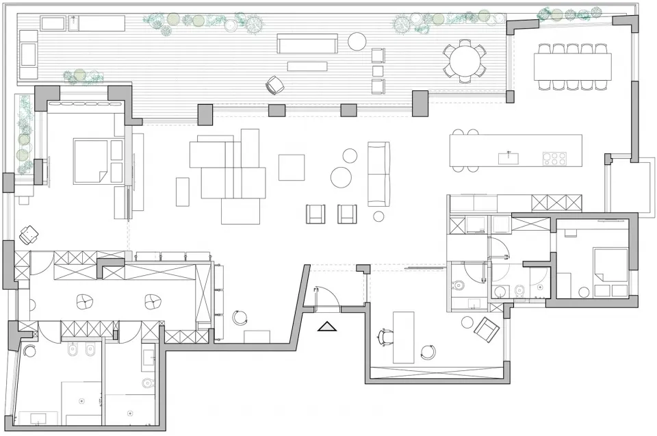 A detailed architectural blueprint of a modern building layout showing various rooms, spaces, and furniture arrangements.