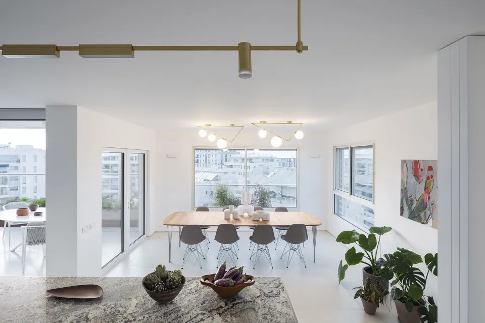 Contemporary dining room featuring wooden furniture, glass windows, and potted plants.