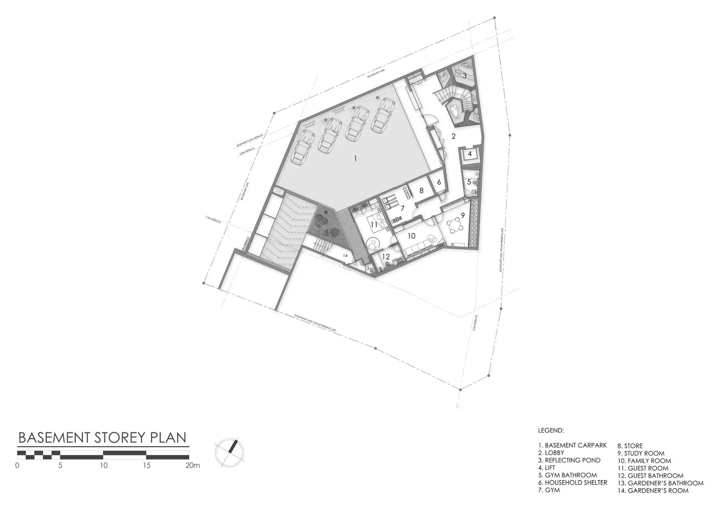 地下室平面圖的2D建築繪圖，標註各空間與家具配置。