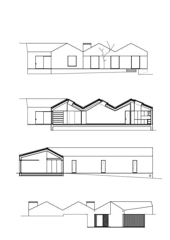 房屋外觀建築平面圖，展示屋頂結構、窗戶與門。