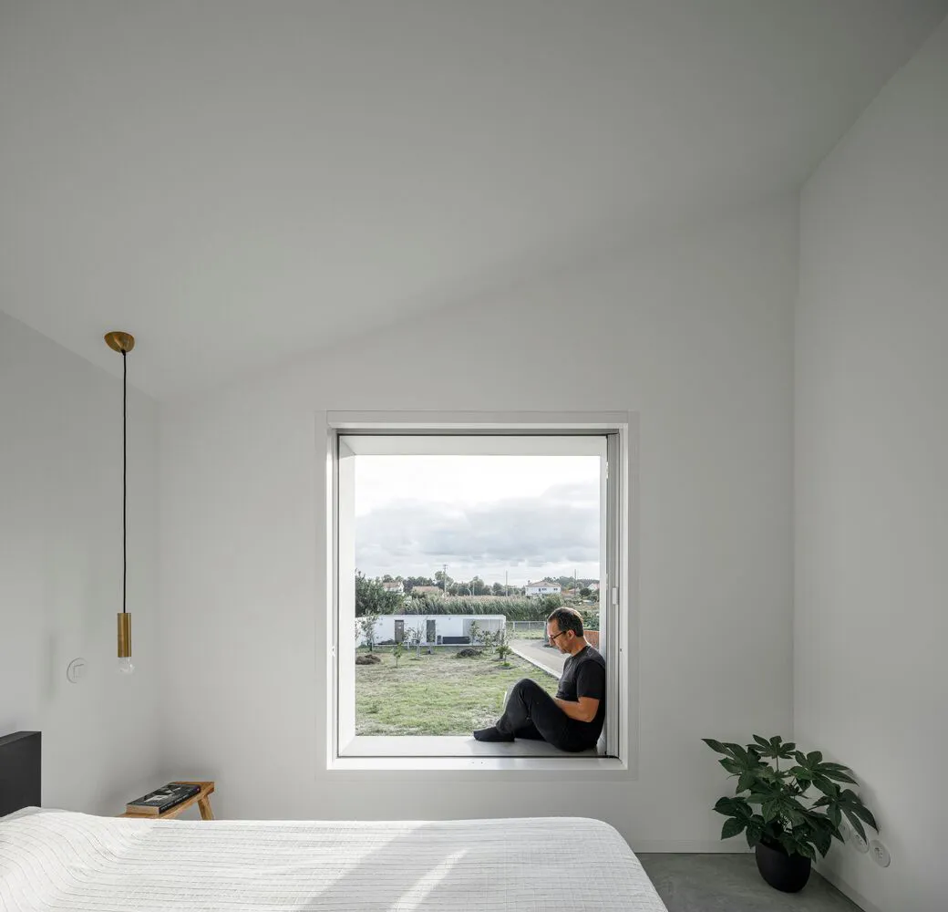 A minimalist bedroom with a bed, window, and green plant.