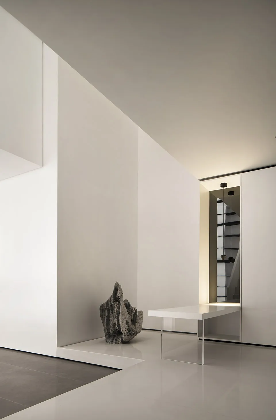 Modern interior design with concrete, glass, and steel elements
