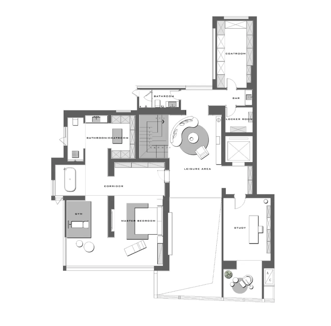 Floor plan of a modern residential interior with open layout, minimalist design, and functional spaces.