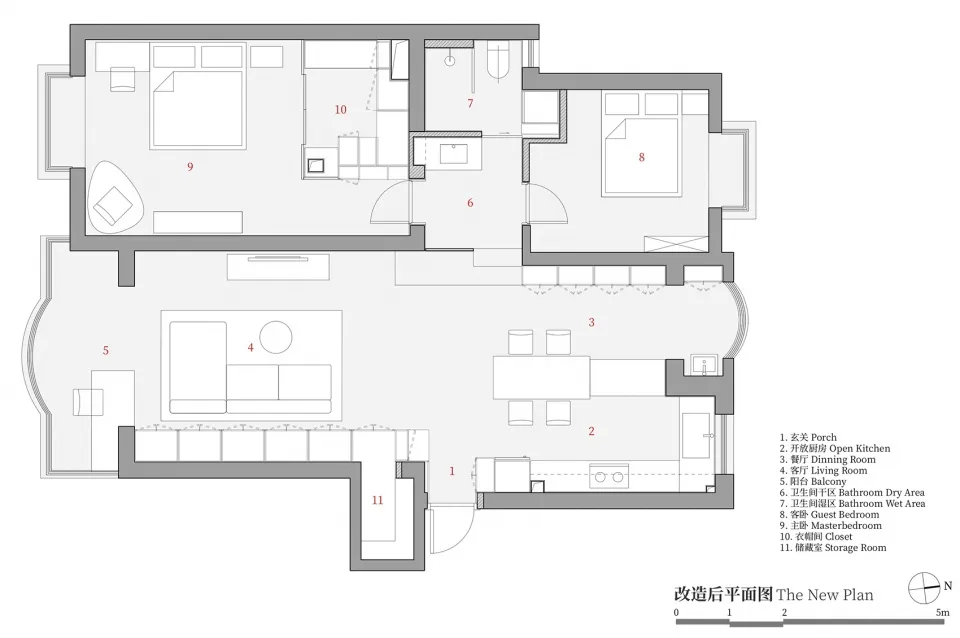 A minimalist residential floor plan with labeled rooms for porch, open kitchen, dining room, living room, guest bedroom, mast