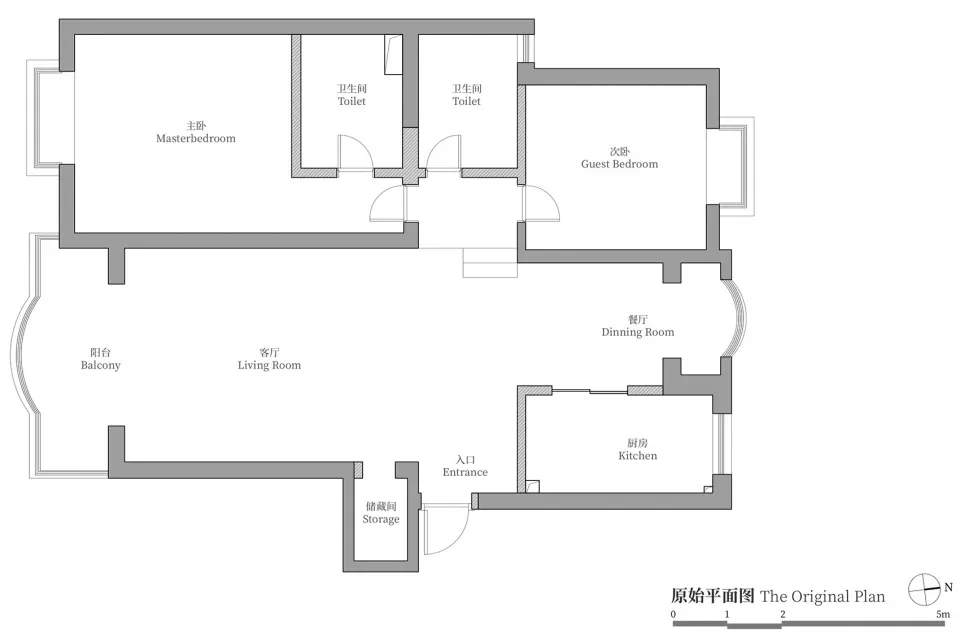 Floor plan of a modern apartment showing bedroom, kitchen, living room, and balcony.