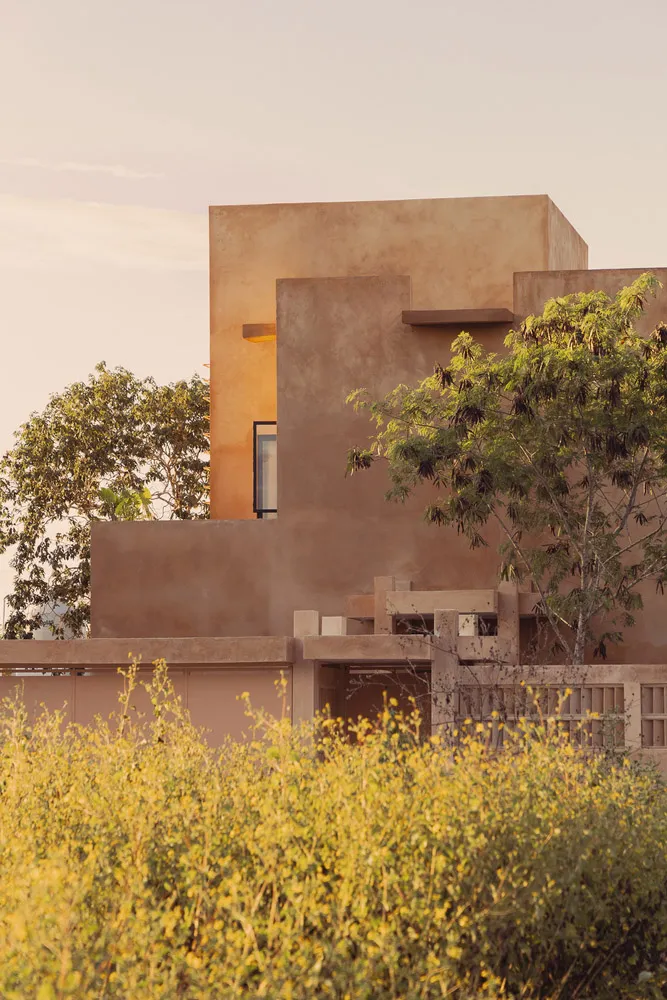 Concrete building exterior with green foliage in the foreground.
