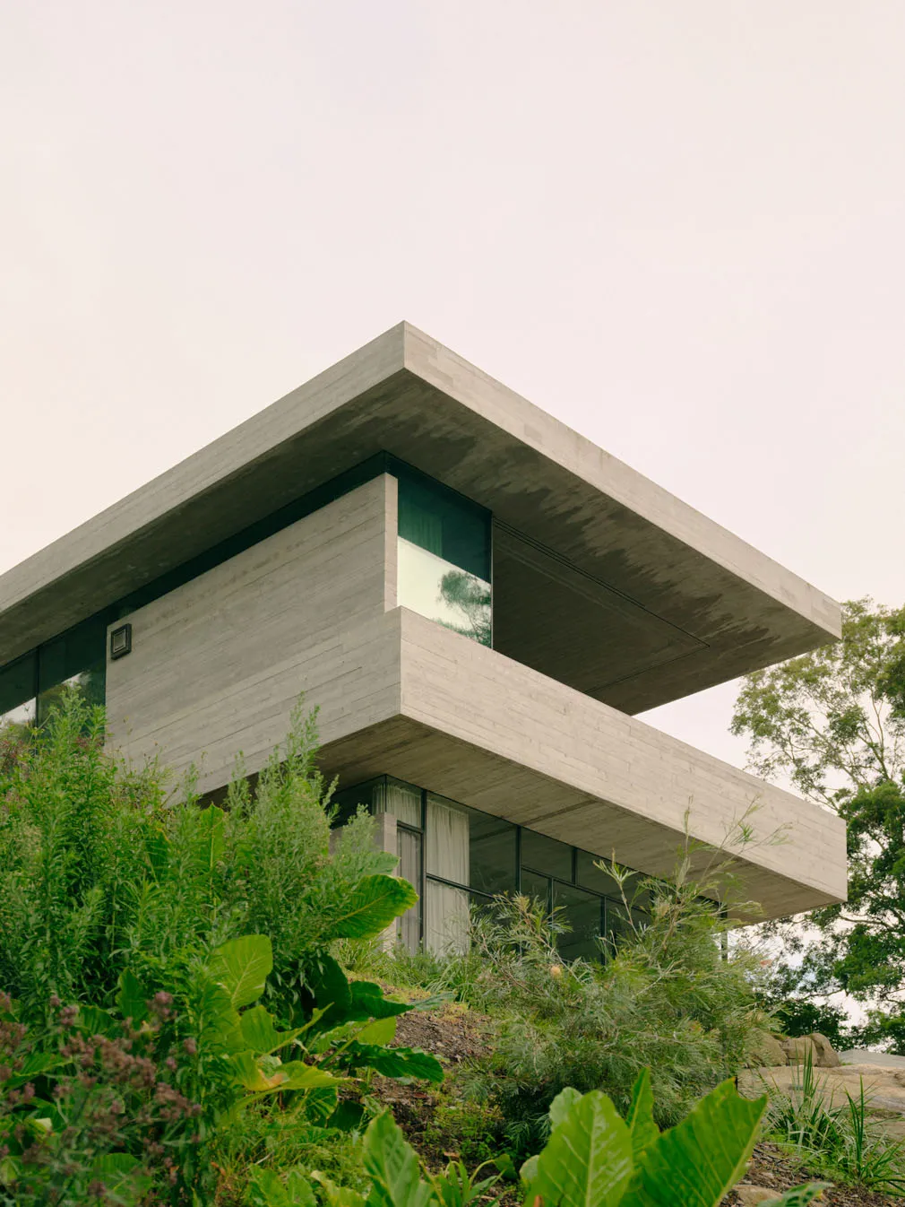 A modern, minimalist house with a concrete exterior surrounded by greenery.