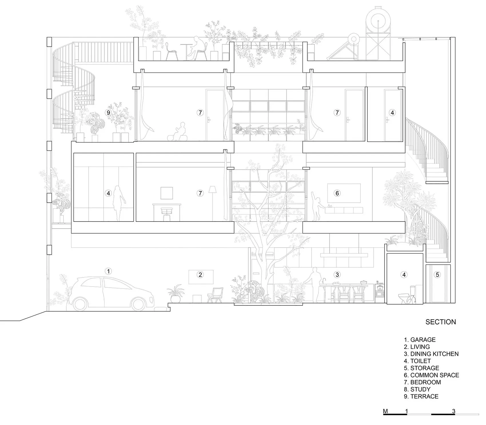 現代住宅配置的2D建築平面圖，採用混合材質，包含多樓層、臥室與客廳區域