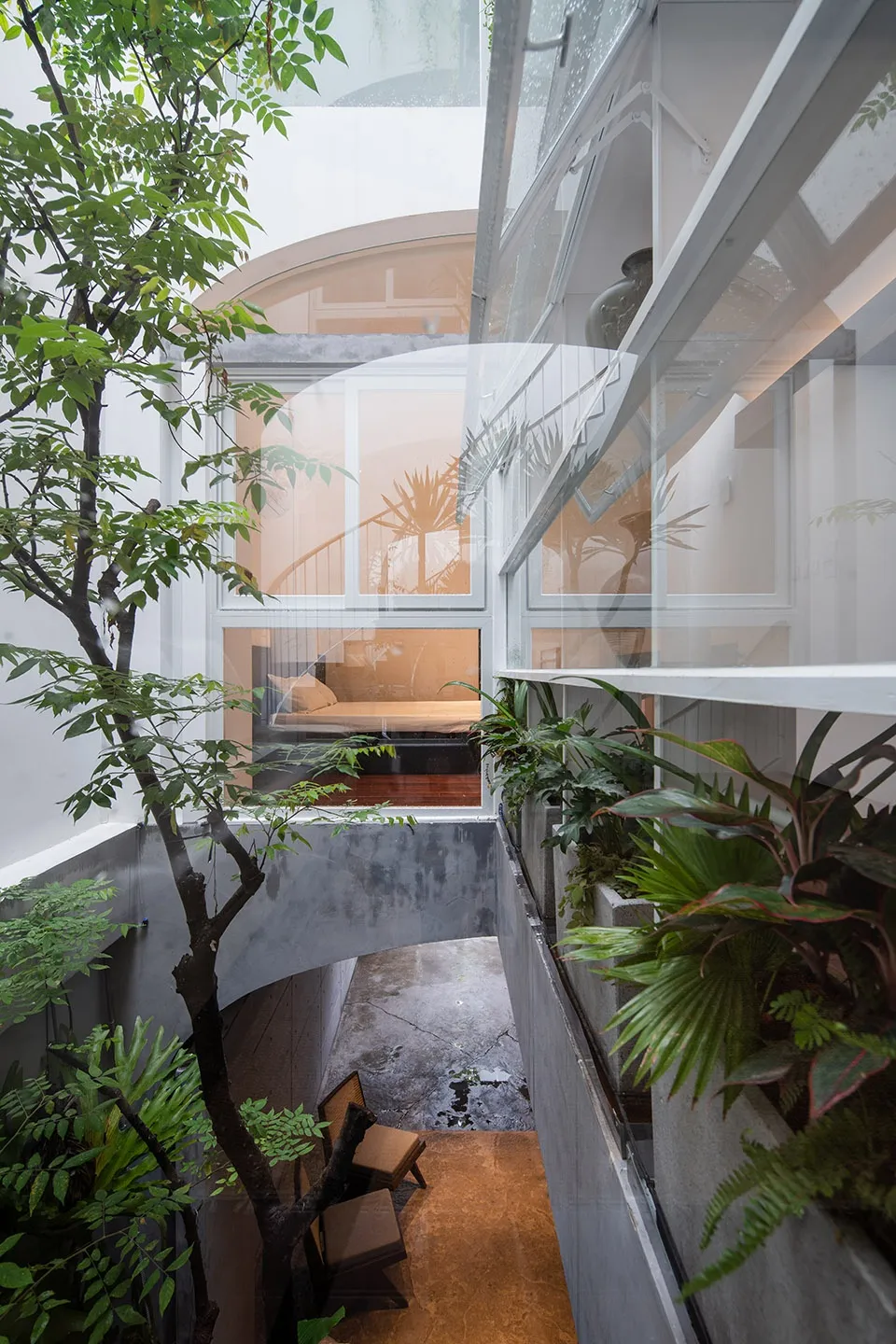 現代室內庭院,混凝土牆面、玻璃欄杆與熱帶植物