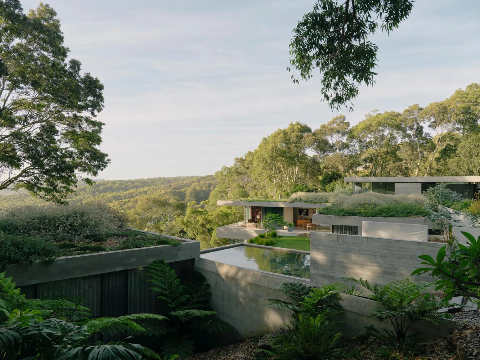 A modern residential exterior with concrete and glass materials and lush greenery.