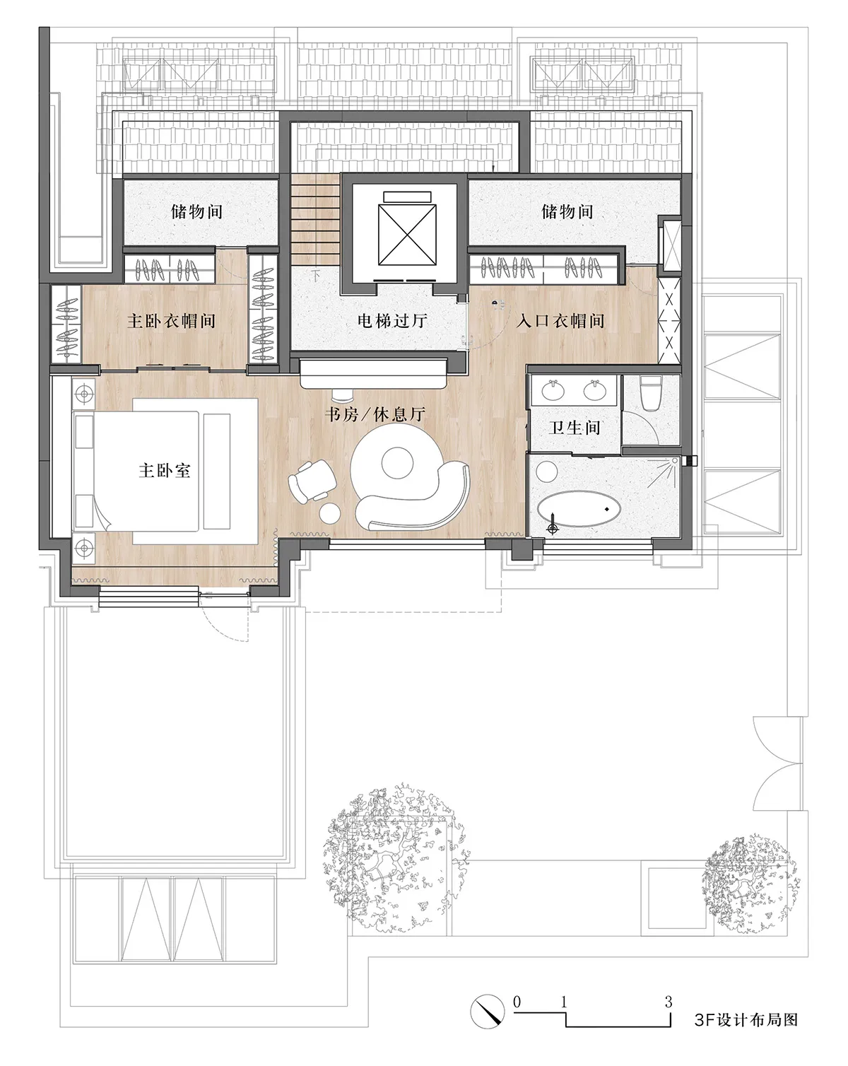 現代住宅室內佈局的詳細建築圖，顯示臥室、衛浴及儲藏空間