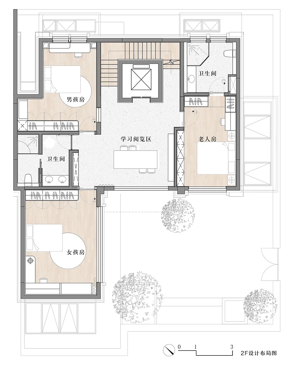 Modern residential floor plan including bedrooms, bathrooms, living area, and stairs.