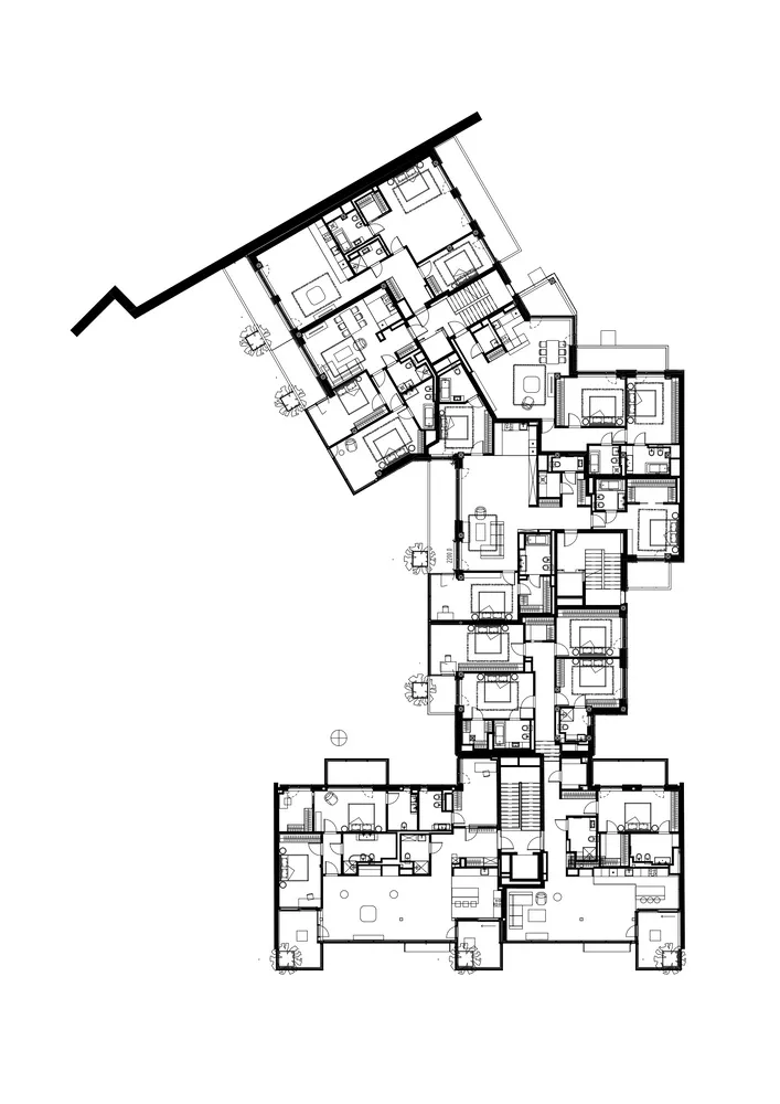 詳細的建築藍圖,展示住宅大樓的平面配置