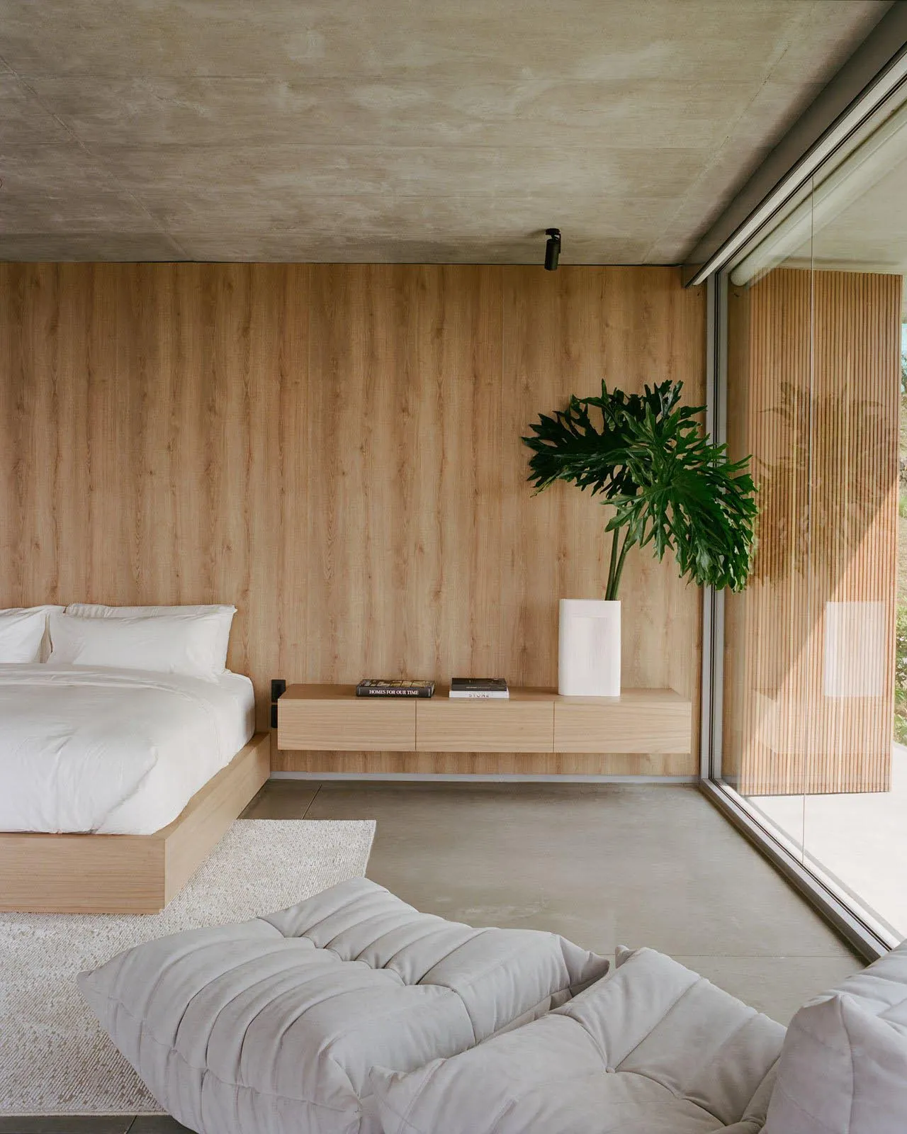 Minimalist bedroom with wooden walls, concrete floor, and green plant