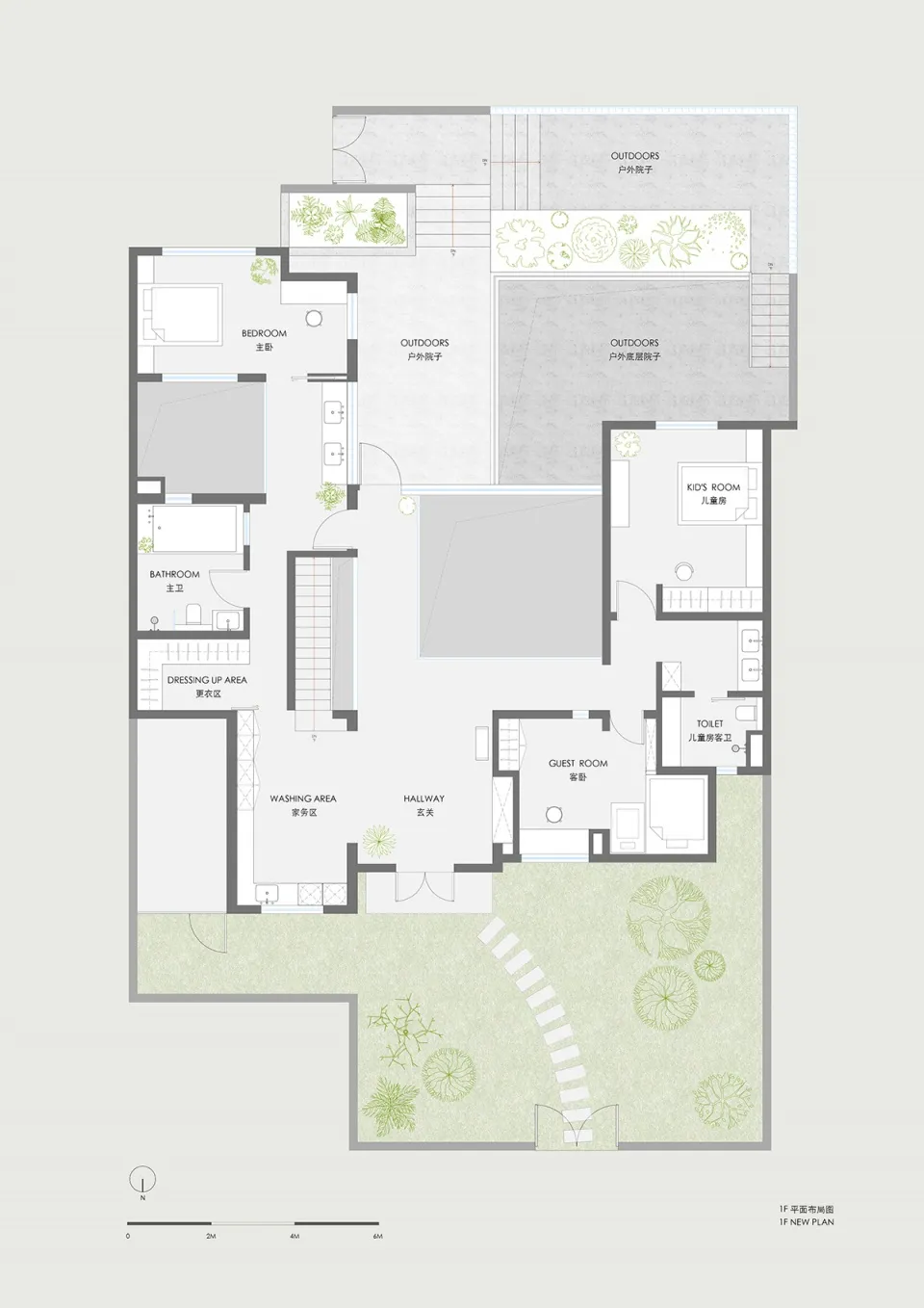 Detailed architectural drawing of a minimalist residential floor plan featuring concrete, glass, and wood materials.