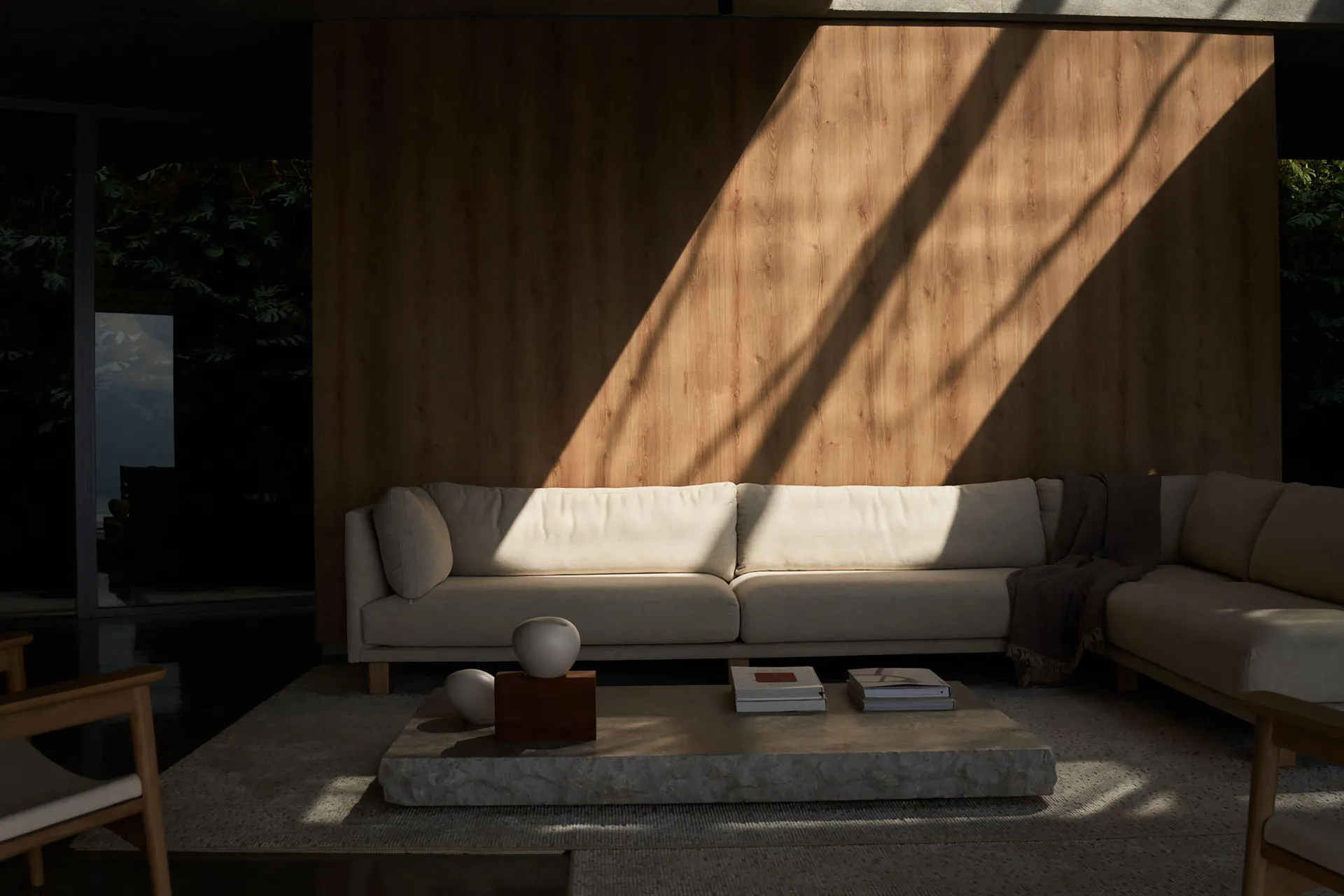 A modern living room with wooden walls and light-colored seating.