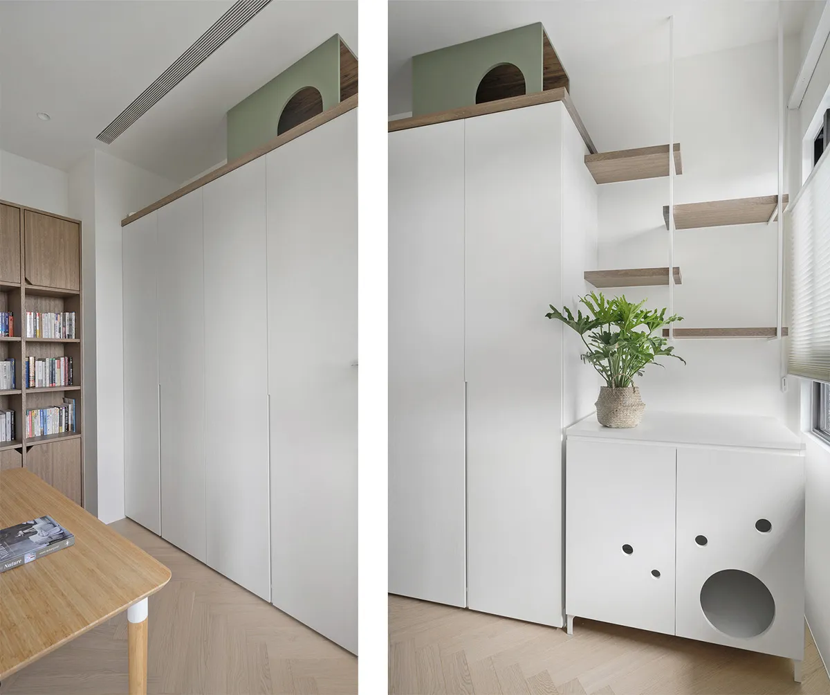 White minimalist cabinets in a modern residential interior setting.