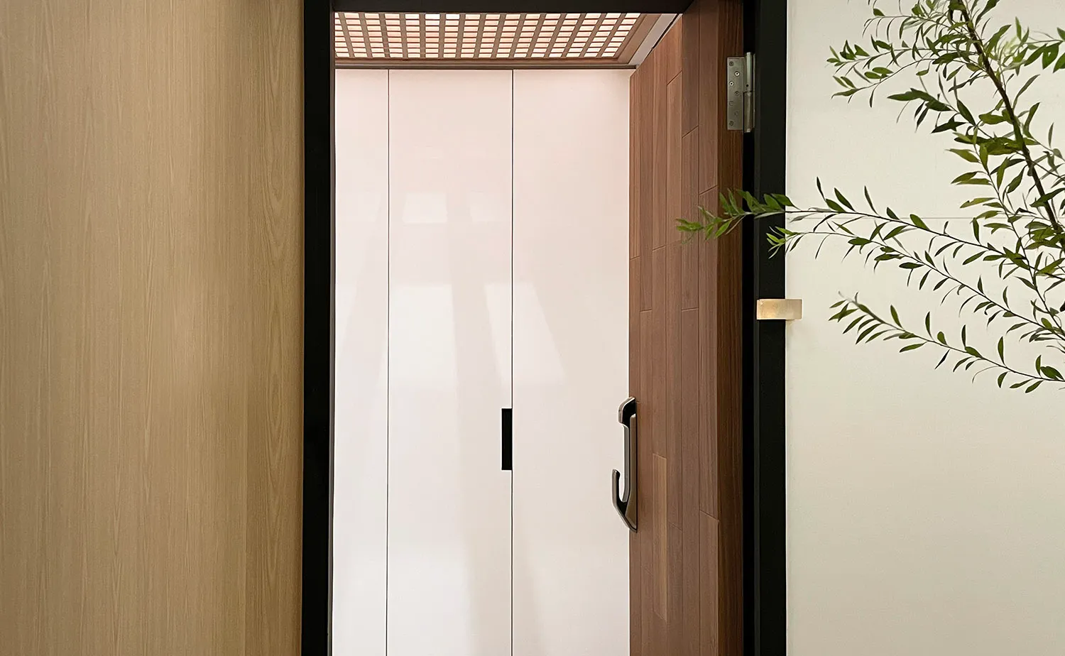 Modern entrance featuring glass and wood materials