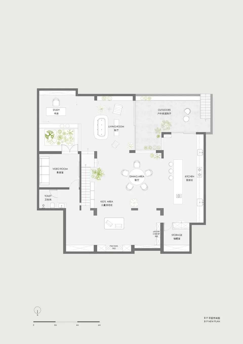 Floor plan of a modern minimalist living room with neutral tones, open layout, and functional zones.