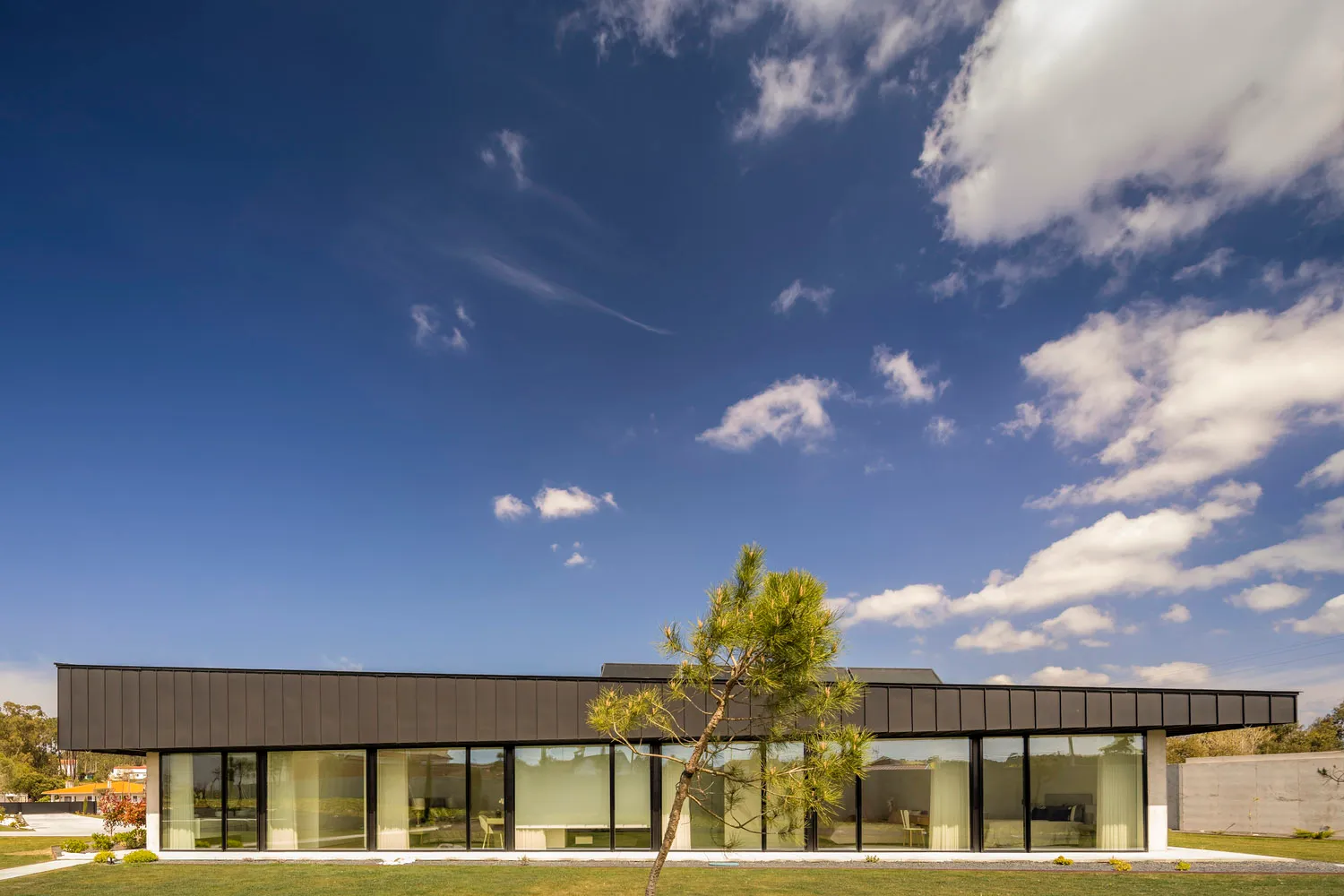 Modern residential exterior with black metal roof and glass windows, set against a clear blue sky with white clouds.
