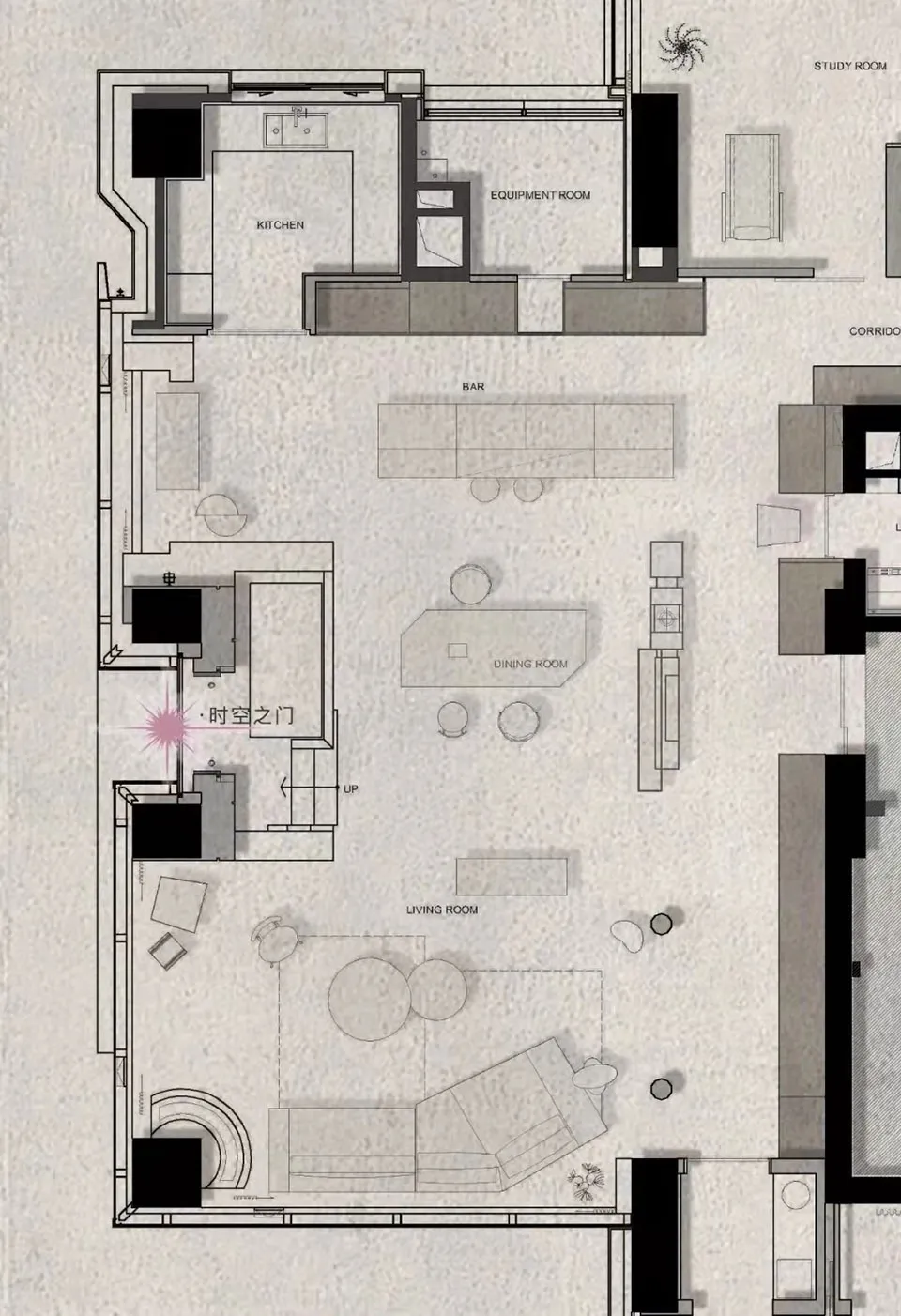 Modern floor plan featuring living room, dining room, kitchen, equipment room, and study room.