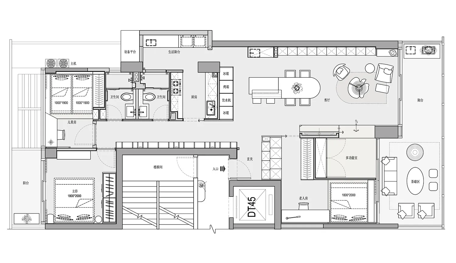 Floor plan illustration of a modern residential building with multiple rooms and living spaces.