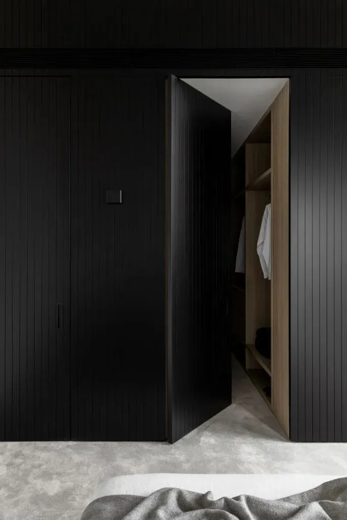 Modern interior view of a black closet with wood elements showing minimalist design