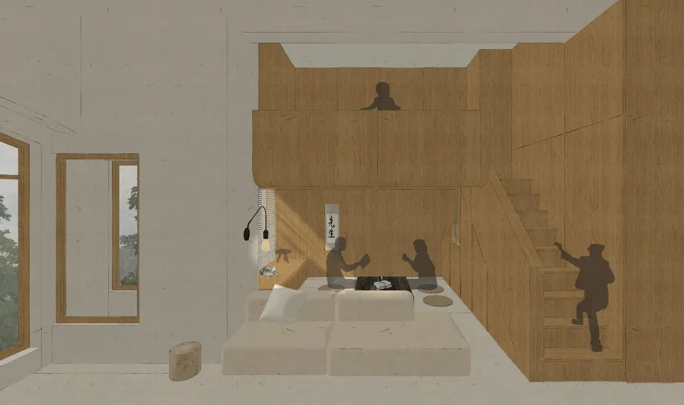 A modern living room with wooden accents, featuring a cozy sofa, a small coffee table, and a hanging light fixture.
