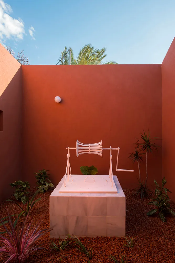 A minimalistic garden with concrete plant beds and assorted tropical plants.