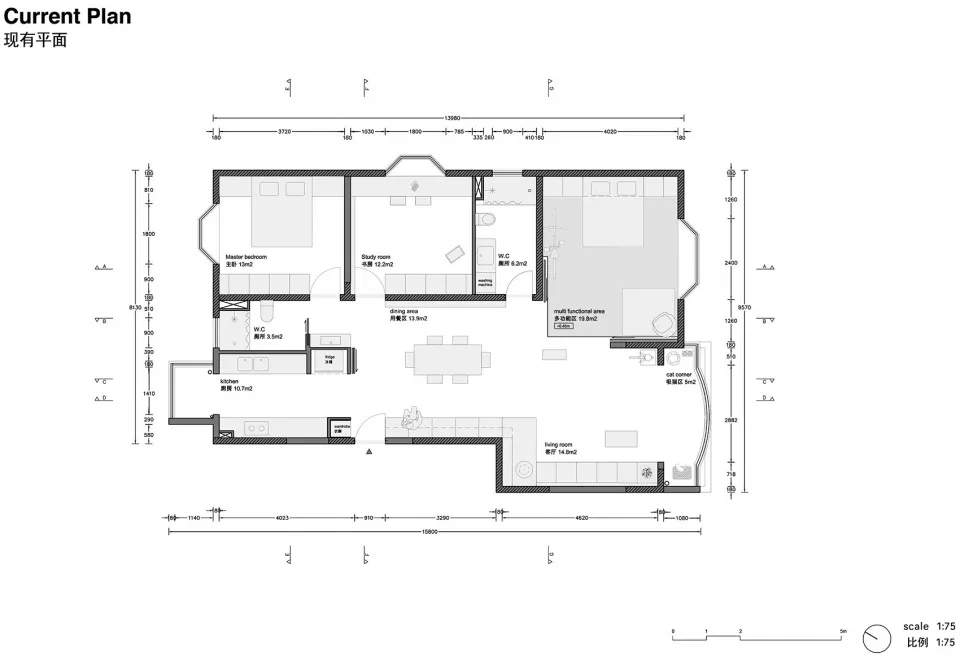 A detailed architectural floor plan depicting a modern living space, including bedrooms, dining area, kitchen, and living roo