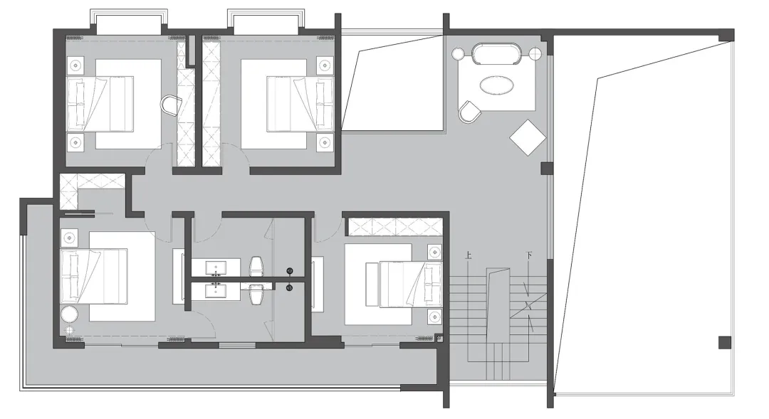 A black and white architectural floor plan depicting a residential layout with multiple bedrooms and a common area.