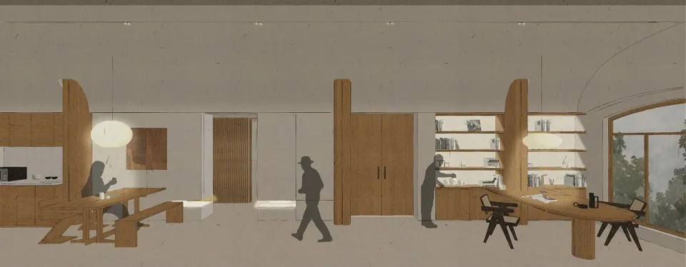 A modern residential kitchen with wooden furniture and shelving.