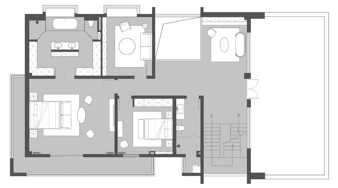 A technical line drawing of a modern residential floor plan