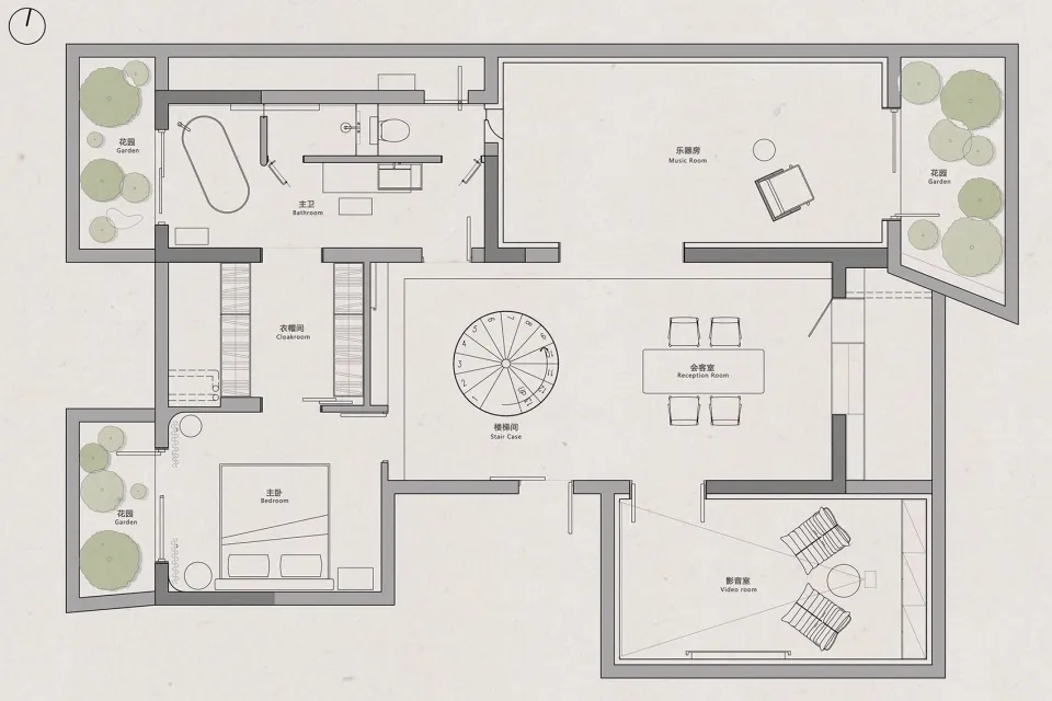 Floor plan of a modern residential living space with neutral-colored decor and a central staircase.