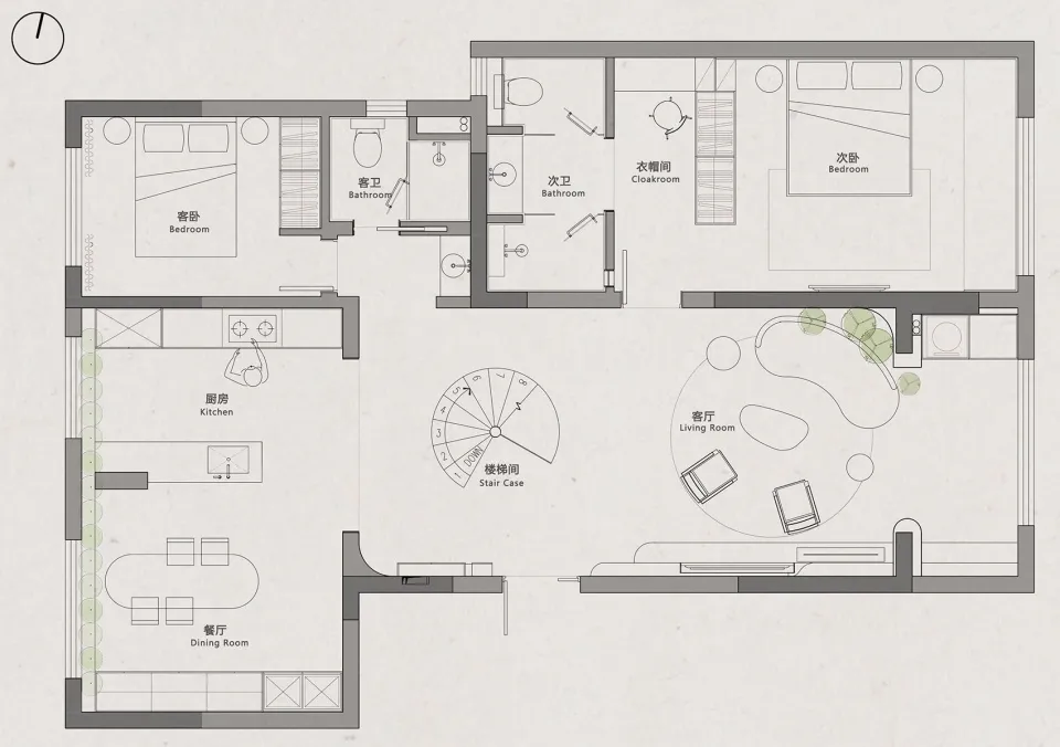 Floor plan of a modern apartment with neutral tones, featuring a living room, dining room, kitchen, two bedrooms, two bathroo