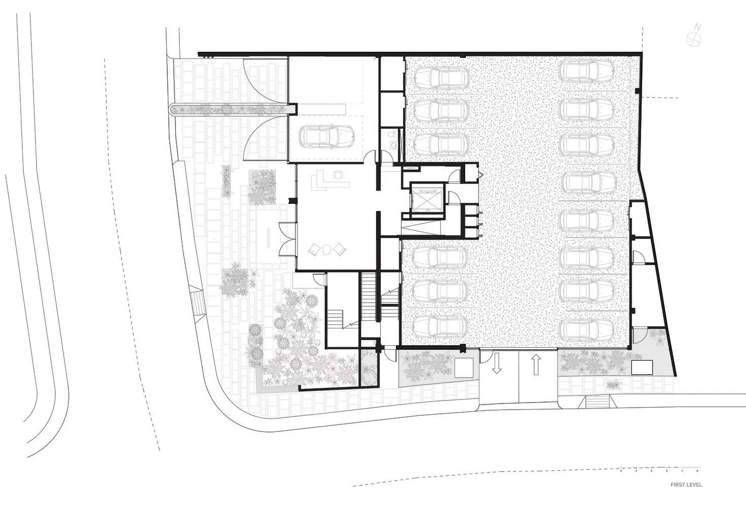 Floor plan of a metallic building with multiple levels and a parking garage.