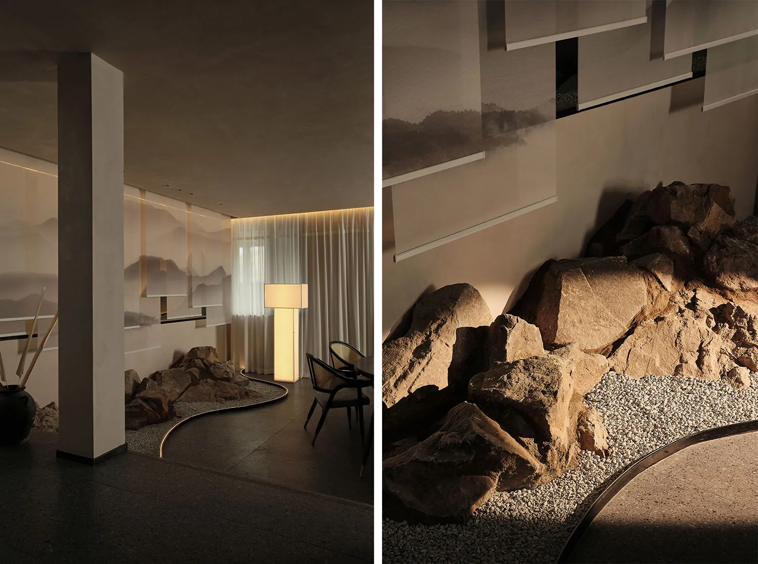 A modern living room featuring a stone and gravel floor, glass elements, and metal accents.