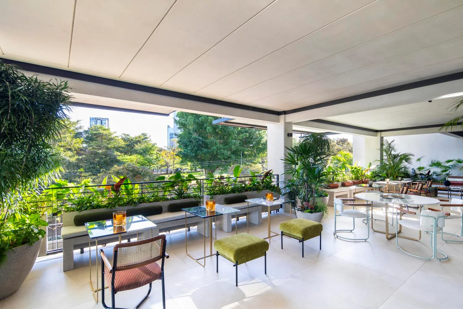 Modern patio with concrete surfaces and lush green plants
