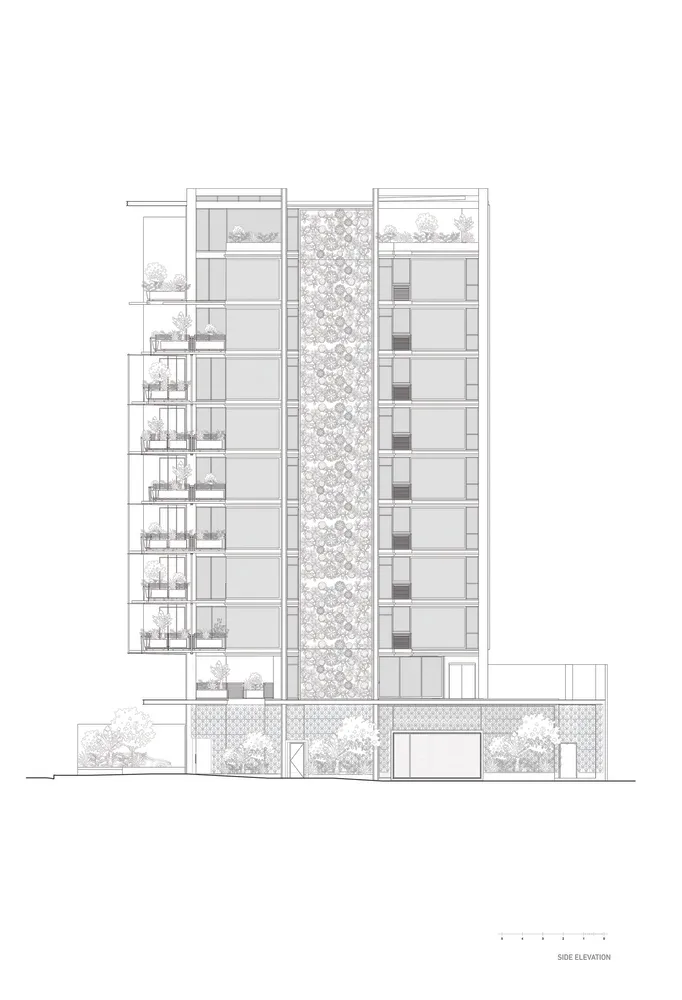Cross-sectional architectural drawing of a modern high-rise building with glass facade and balconies.