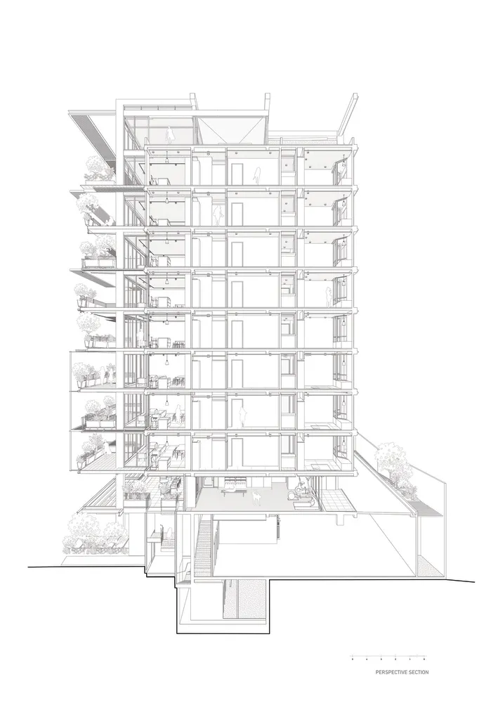 A detailed cross-sectional view of a multi-story residential apartment building.
