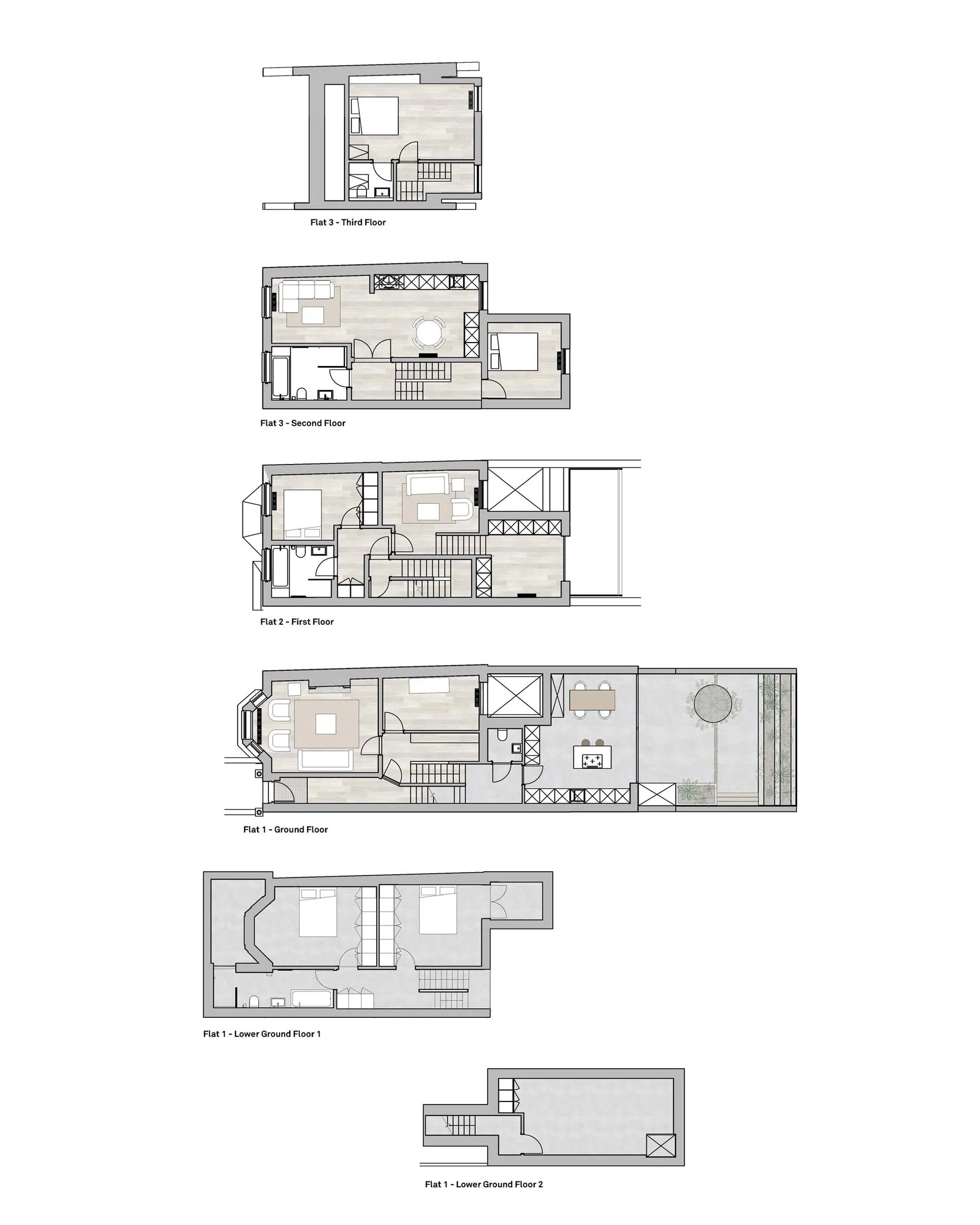 住宅房屋的詳細平面圖，以紙本格式呈現，包含不同樓層與房間配置。