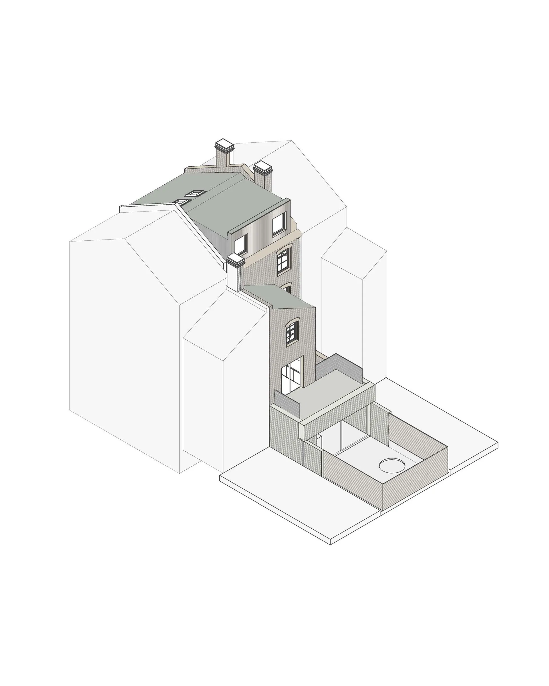 Isometric drawing of a modern townhouse with a brick exterior.