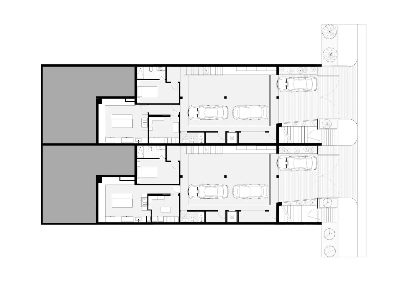 詳細的2D建築圖，呈現連棟別墅的地面層與二樓平面配置，包含多個房間與停車空間