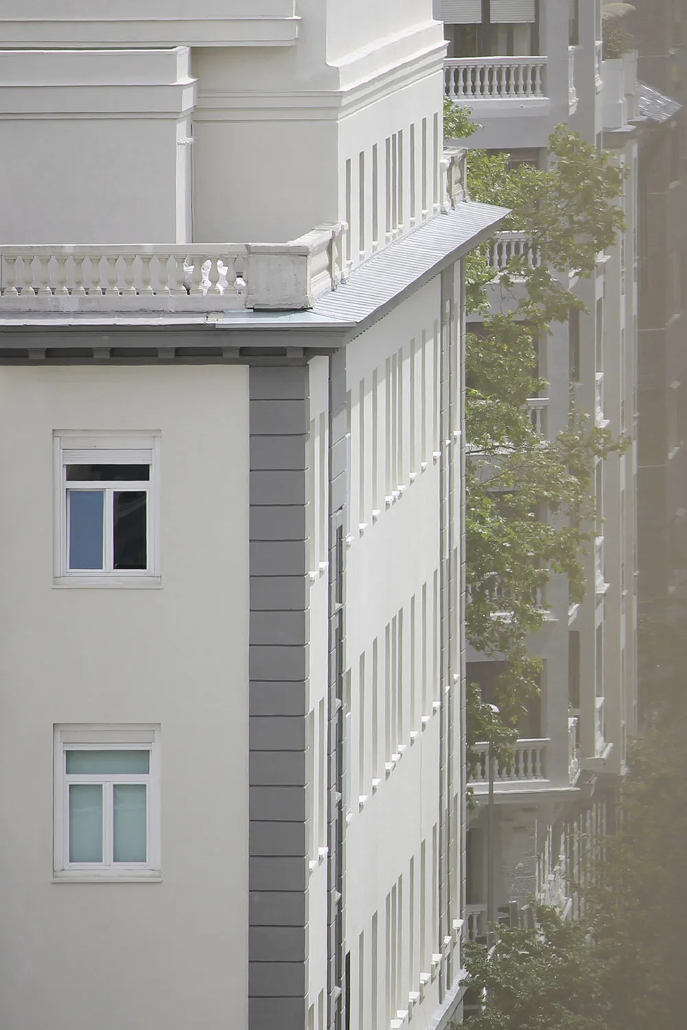 一座現代公寓大樓,白色建築搭配混凝土陽台,街道兩旁綠樹成蔭。