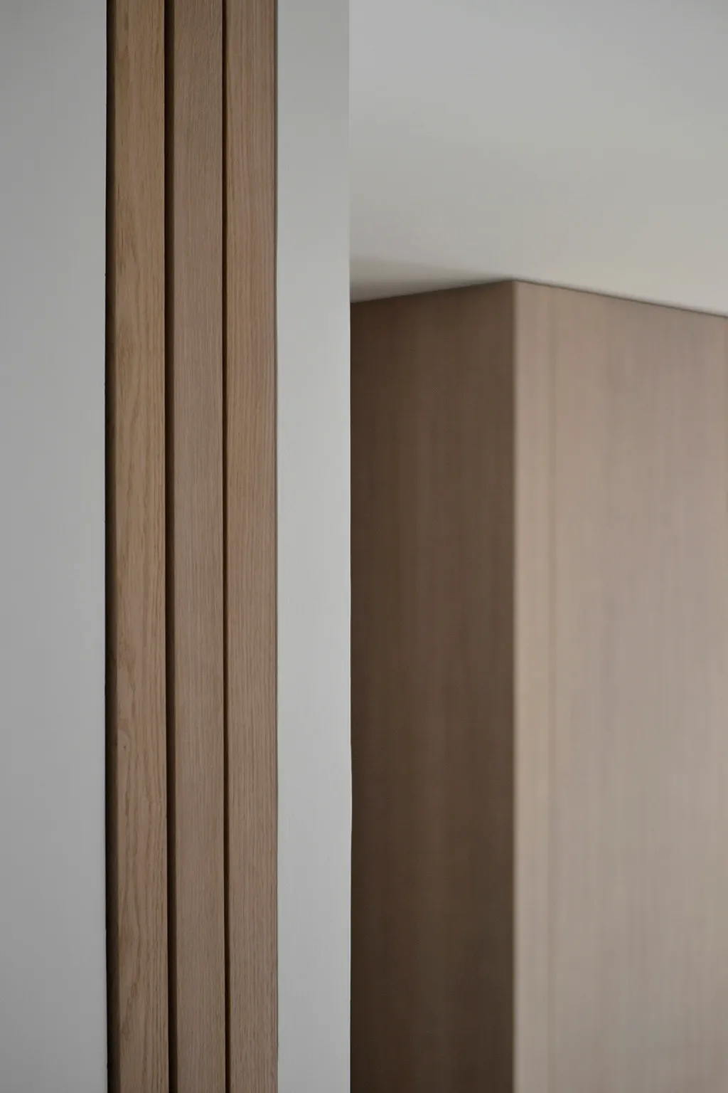 Modern interior design featuring a minimalist wall panel made of wood.