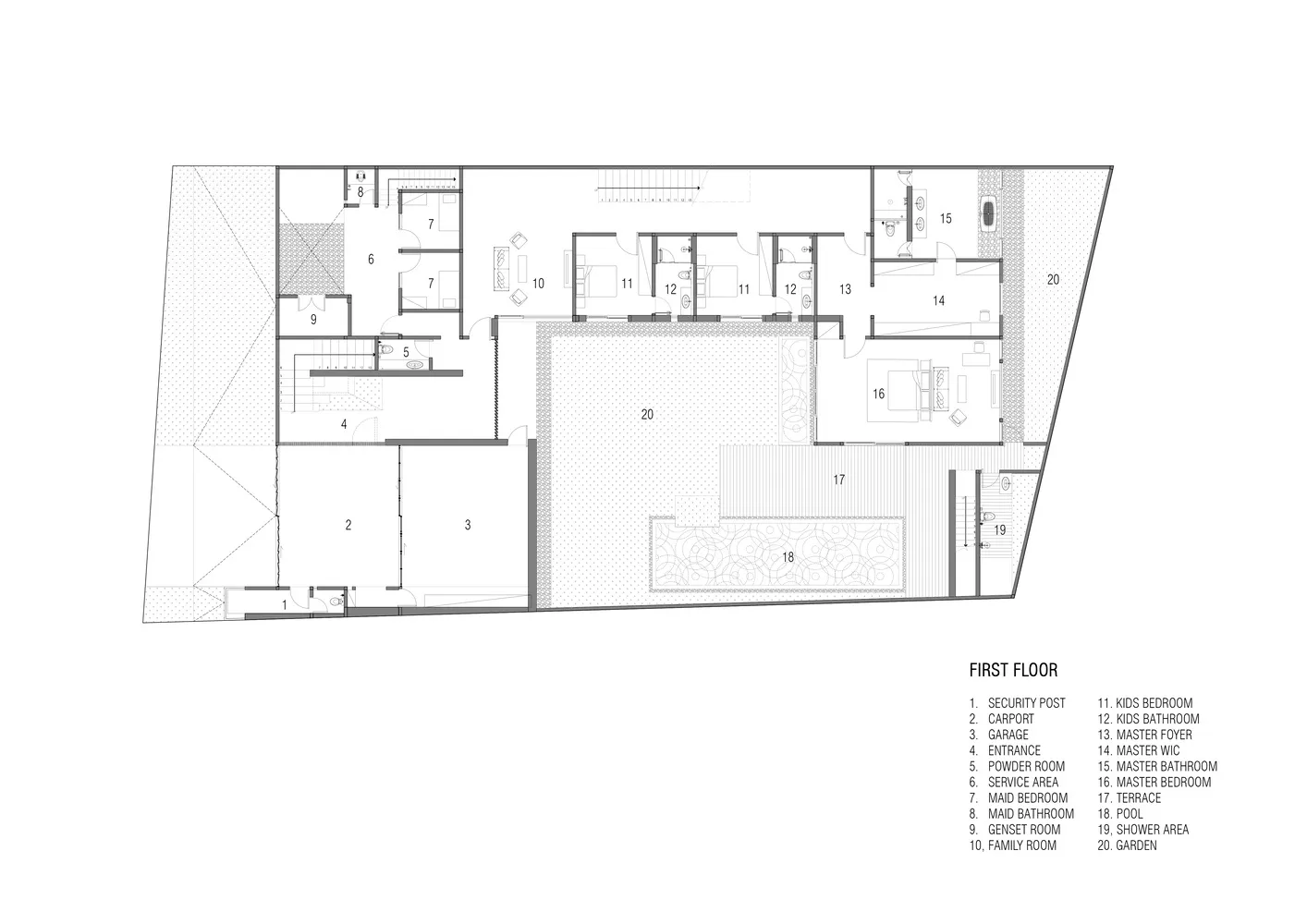 Floor plan of a modern residential building with a first floor featuring multiple rooms including bedrooms, bathrooms, and a