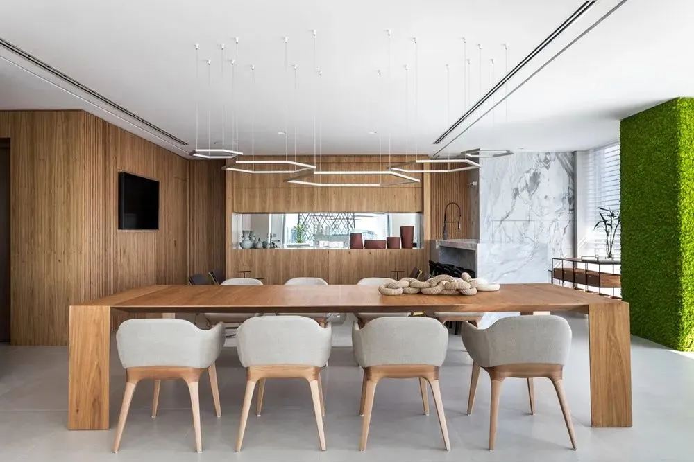 Modern living room with wooden furniture and marble accents