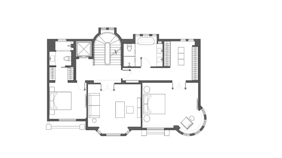 A modern floor plan depicted in white on white background.